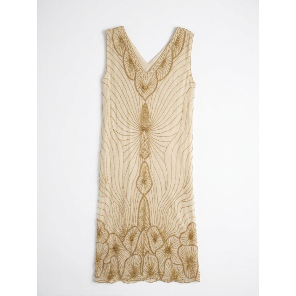 Vintage 90s M Star Group Gold Beaded Silk Chiffon Flapper Shimmy Shift Dress